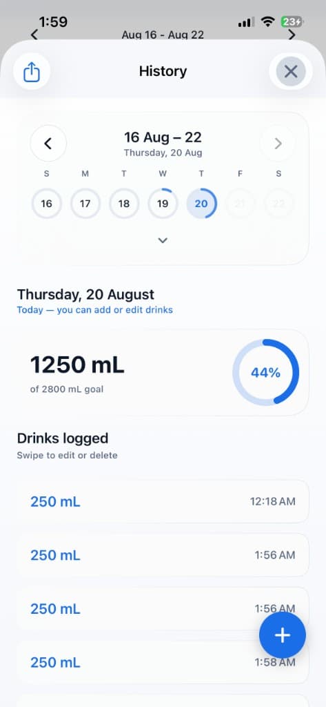 Wavezo History with logged drinks for the day and a weekly progress ring
