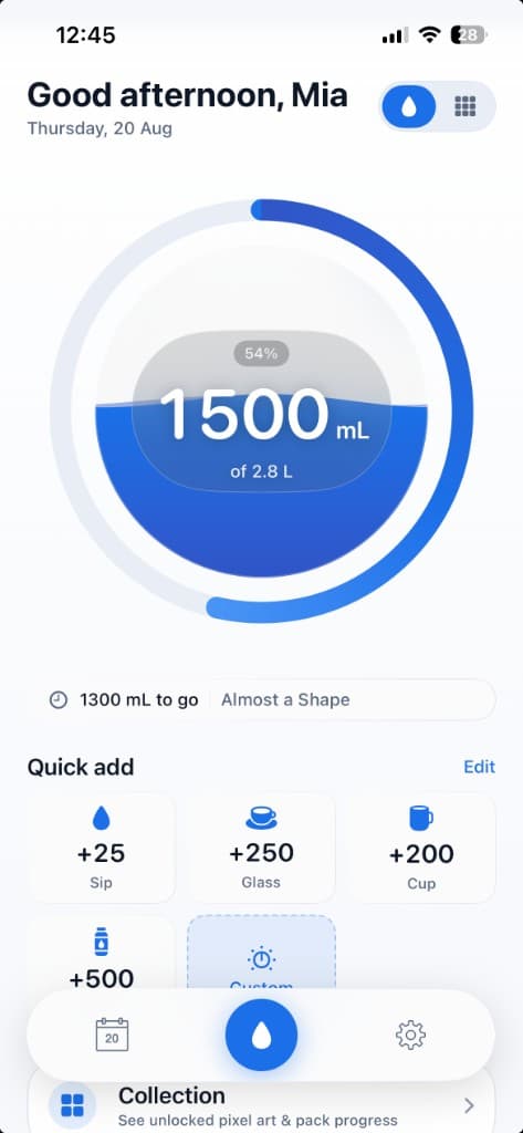 Wavezo Home on iPhone with a filling water orb and one-tap log buttons
